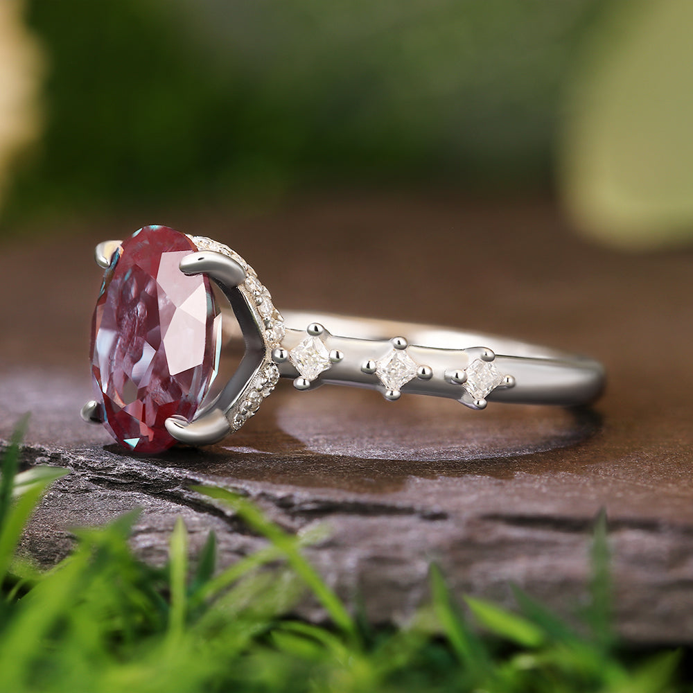 2.8 Ct Oval Cut Lab Alexandrite Hidden Halo with Princess Cut Moissanite Accents Vintage-Inspired Engagement Ring