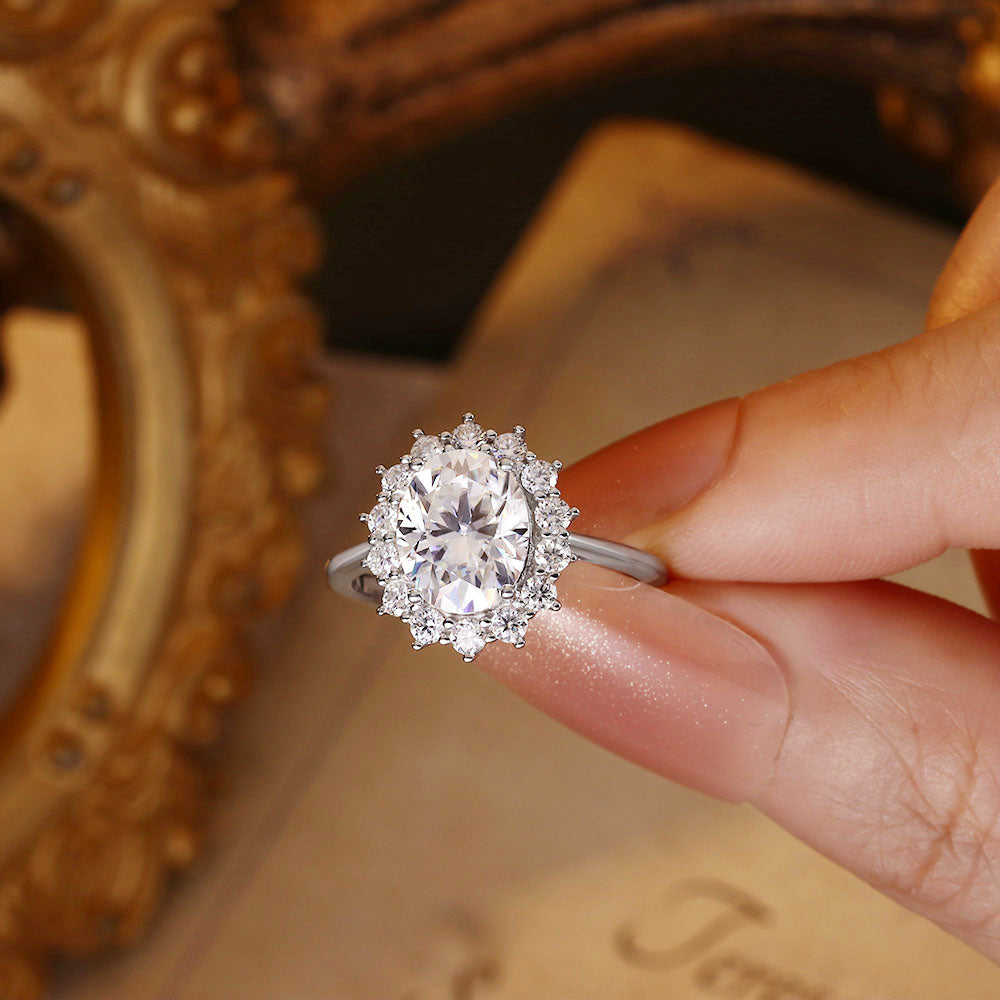 2.78 ct Oval Moissanite Flower Inspired Design Cluster Engagement Ring
