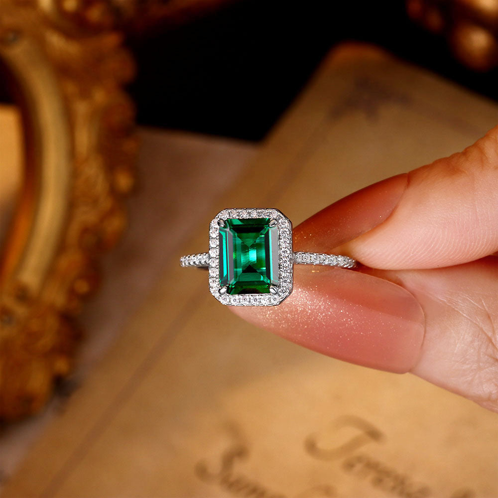 2.22 ct Emerald Cut Lab Emerald Halo Engagement Ring with Moissanite