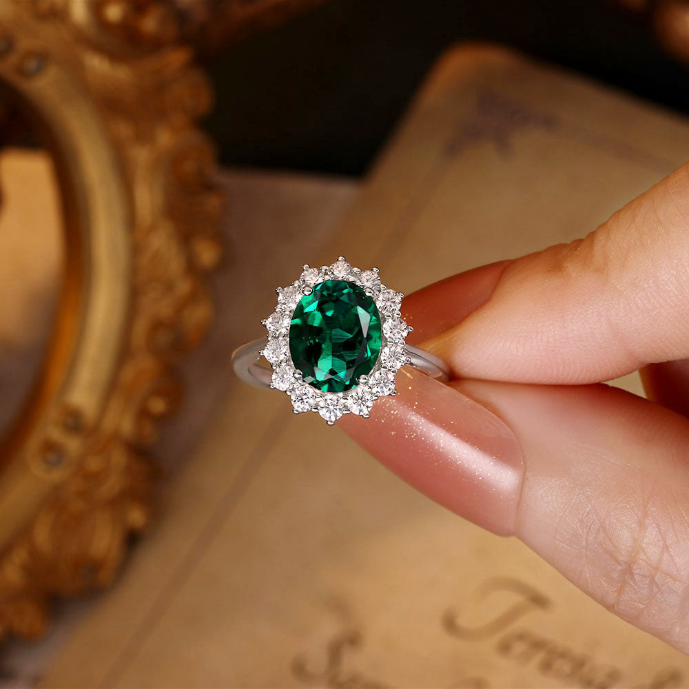 Oval Lab Emerald Cluster Engagement Ring