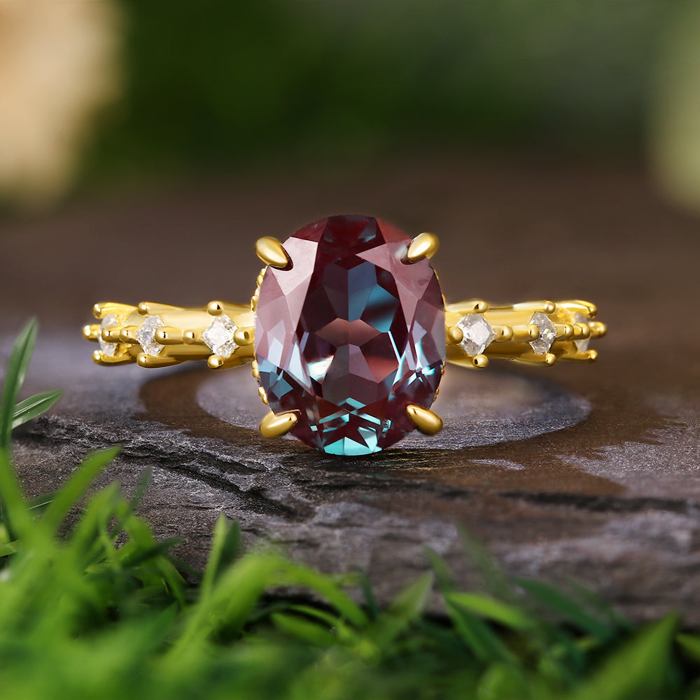 Bague de fiançailles avec halo d'émeraude ovale de laboratoire de 1 ct