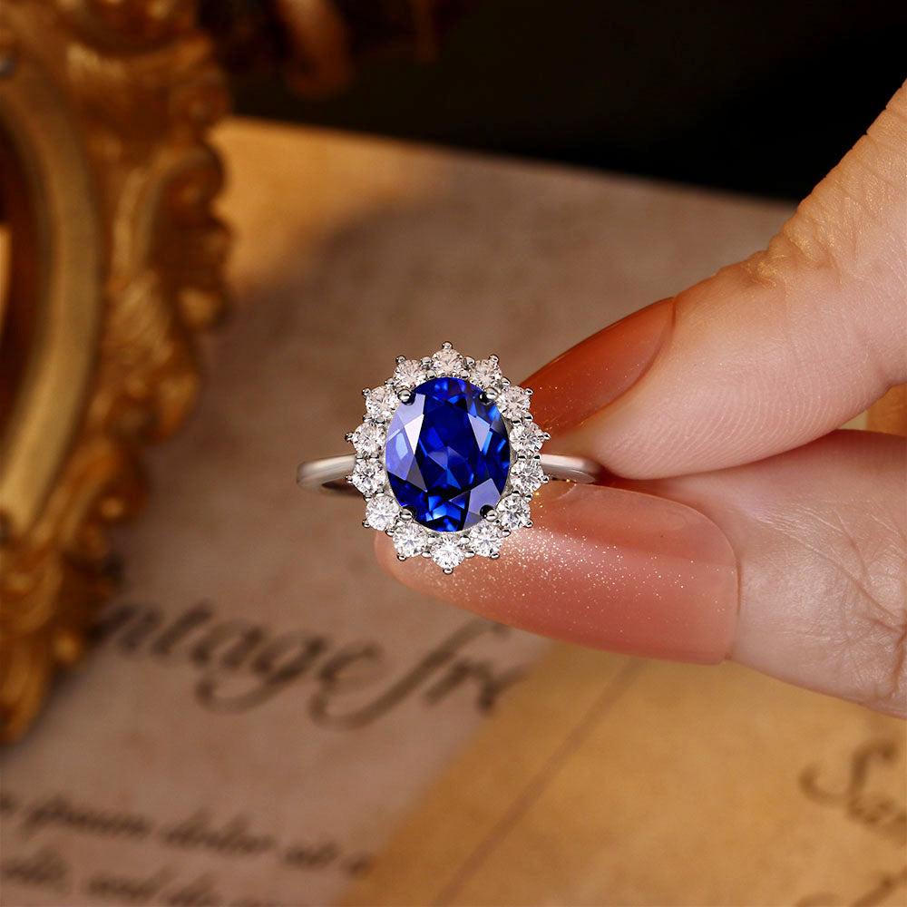 Oval Lab Sapphire Flower Inspired Design Cluster Engagement Ring with Moissanite