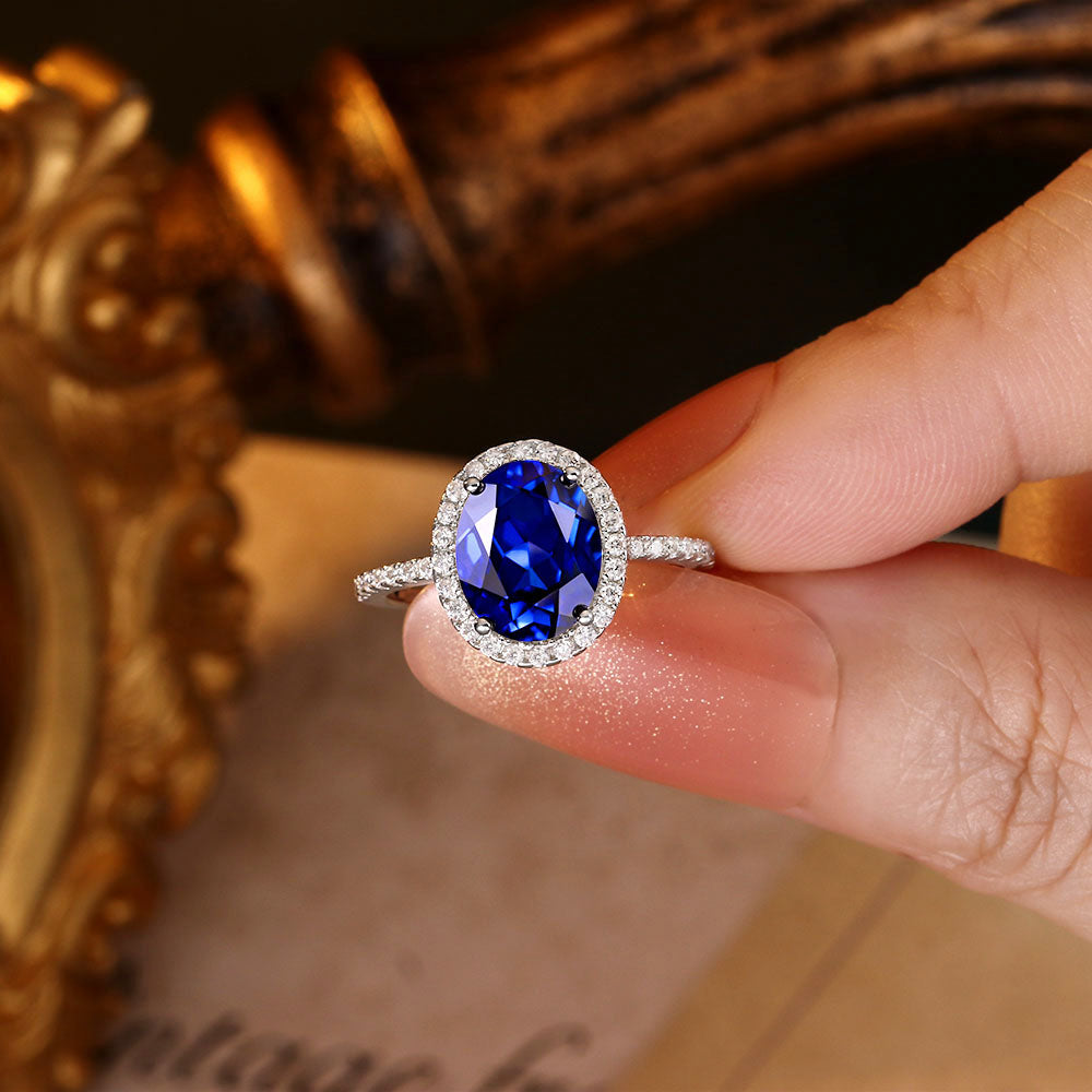 Oval Lab Sapphire Halo Engagement Ring with Moissanite