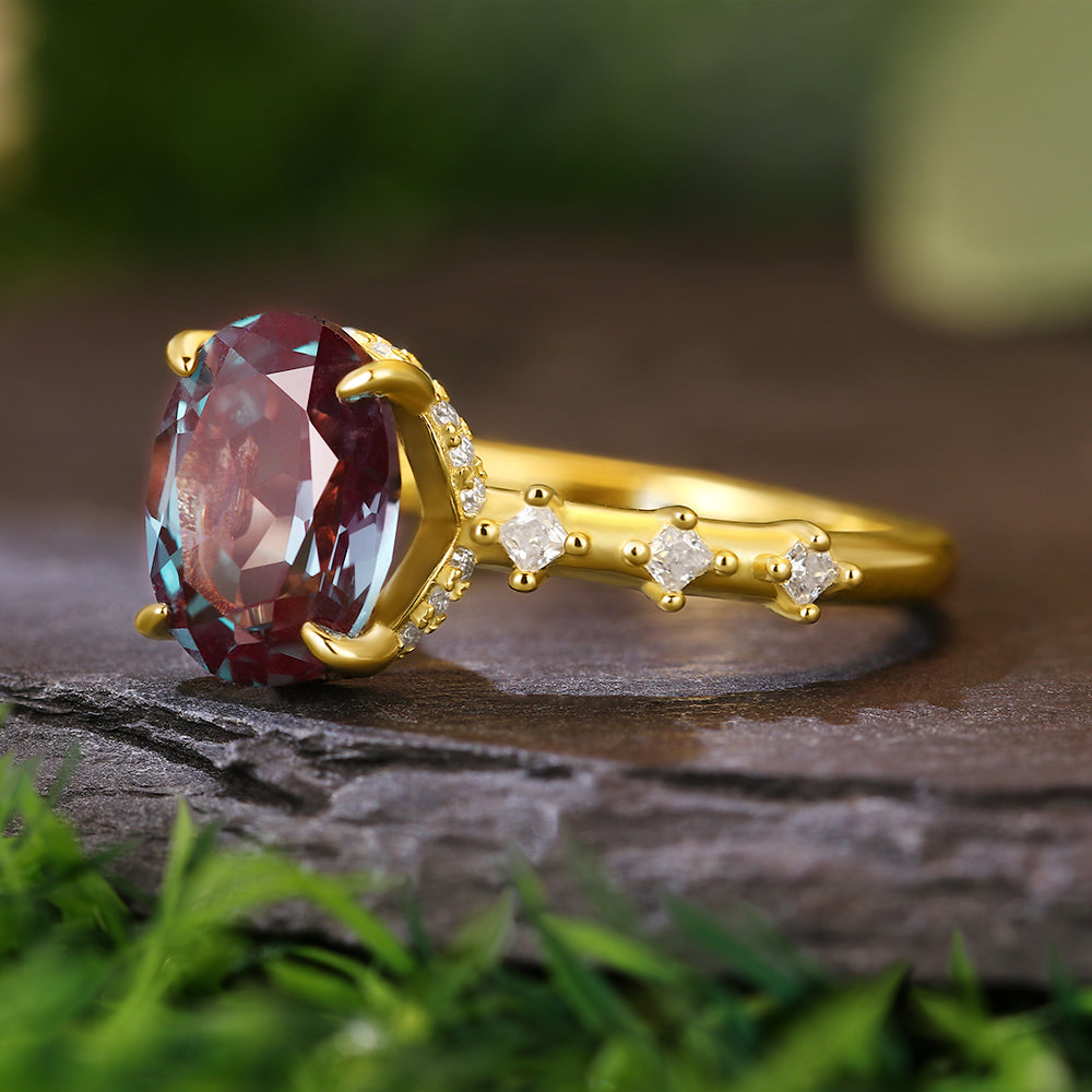 2.8 Ct Oval Cut Lab Alexandrite Hidden Halo with Princess Cut Moissanite Accents Vintage-Inspired Engagement Ring