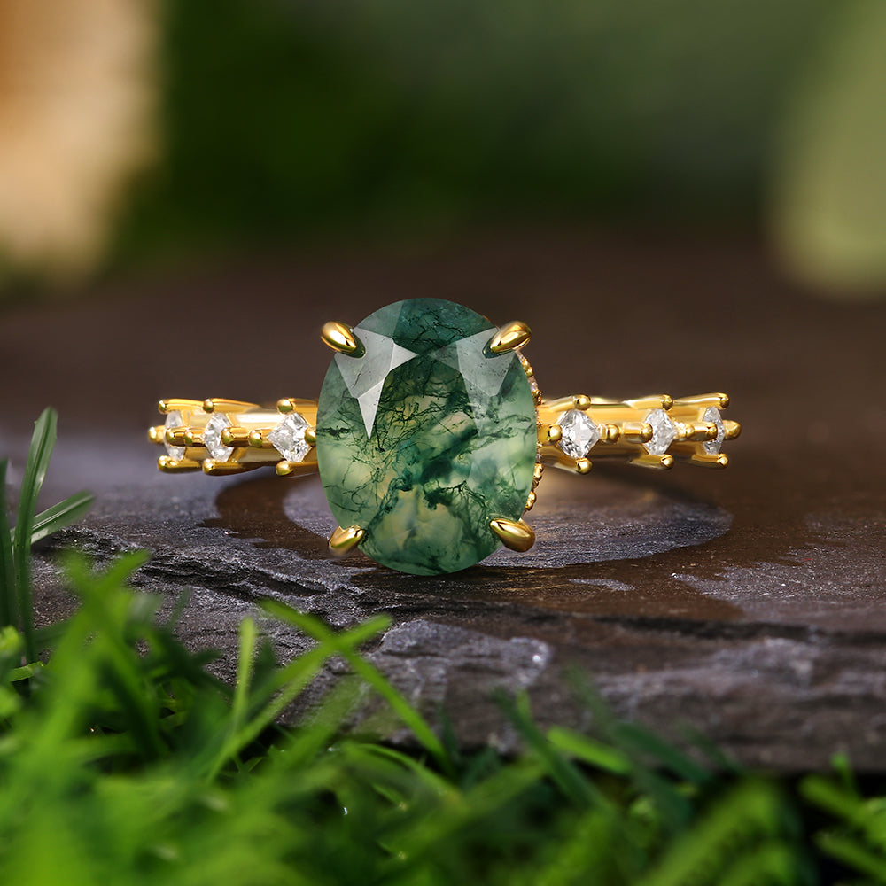 8x10mm Oval Cut Moss Agate Hidden Halo with Princess Cut Moissanite Accents Nature-Inspired Engagement Ring
