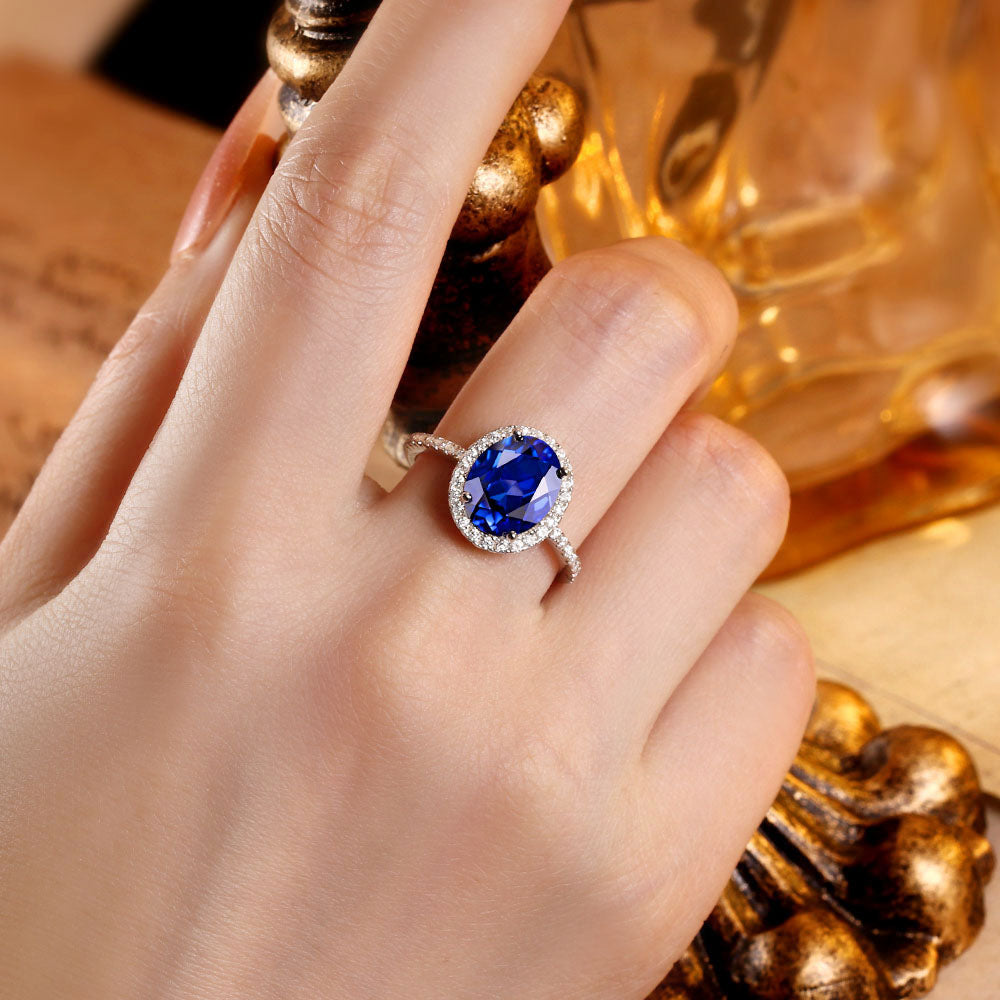 Oval Lab Sapphire Halo Engagement Ring with Moissanite