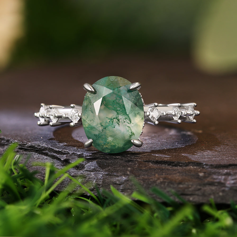 8x10mm Oval Cut Moss Agate Hidden Halo with Princess Cut Moissanite Accents Nature-Inspired Engagement Ring