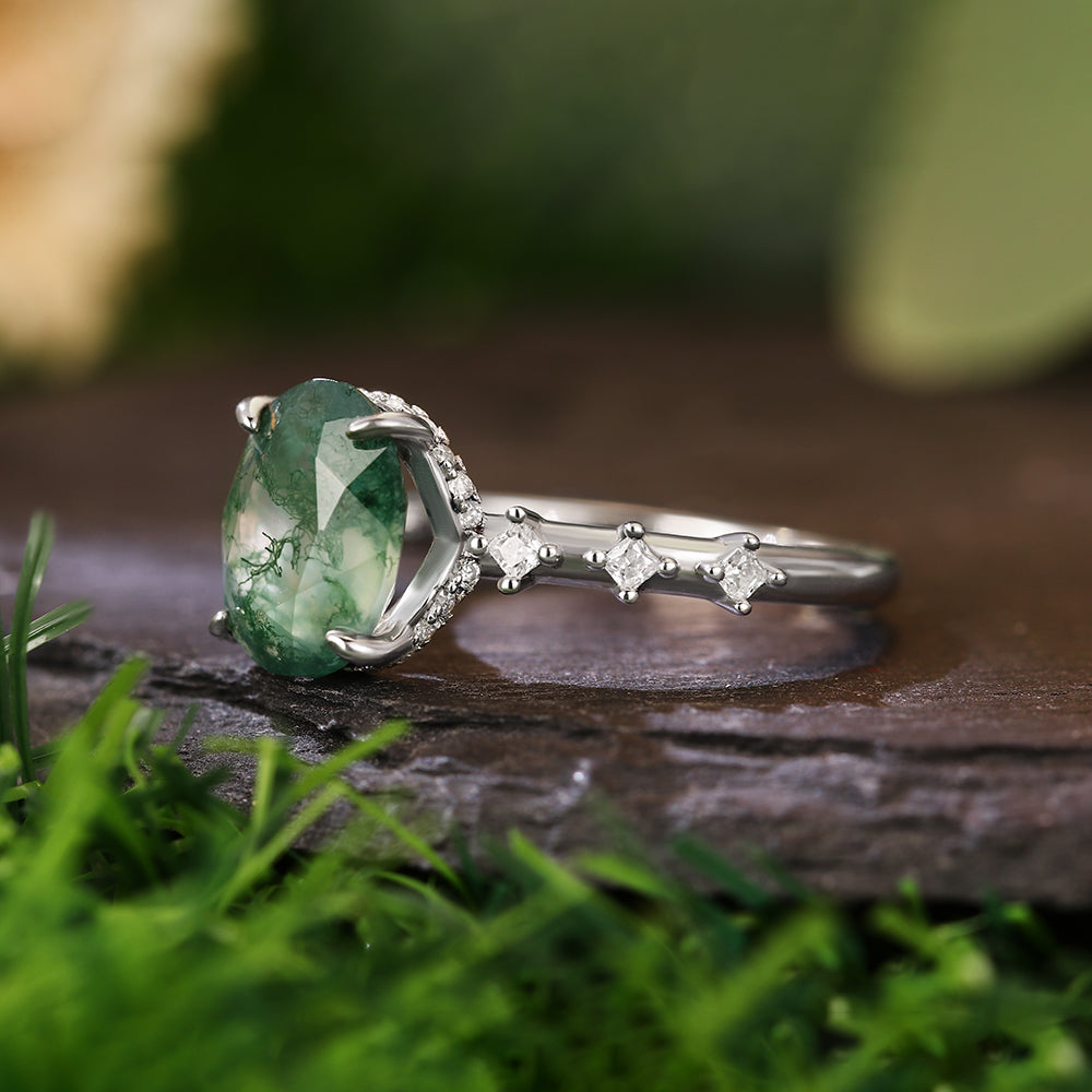8x10mm Oval Cut Moss Agate Hidden Halo with Princess Cut Moissanite Accents Nature-Inspired Engagement Ring