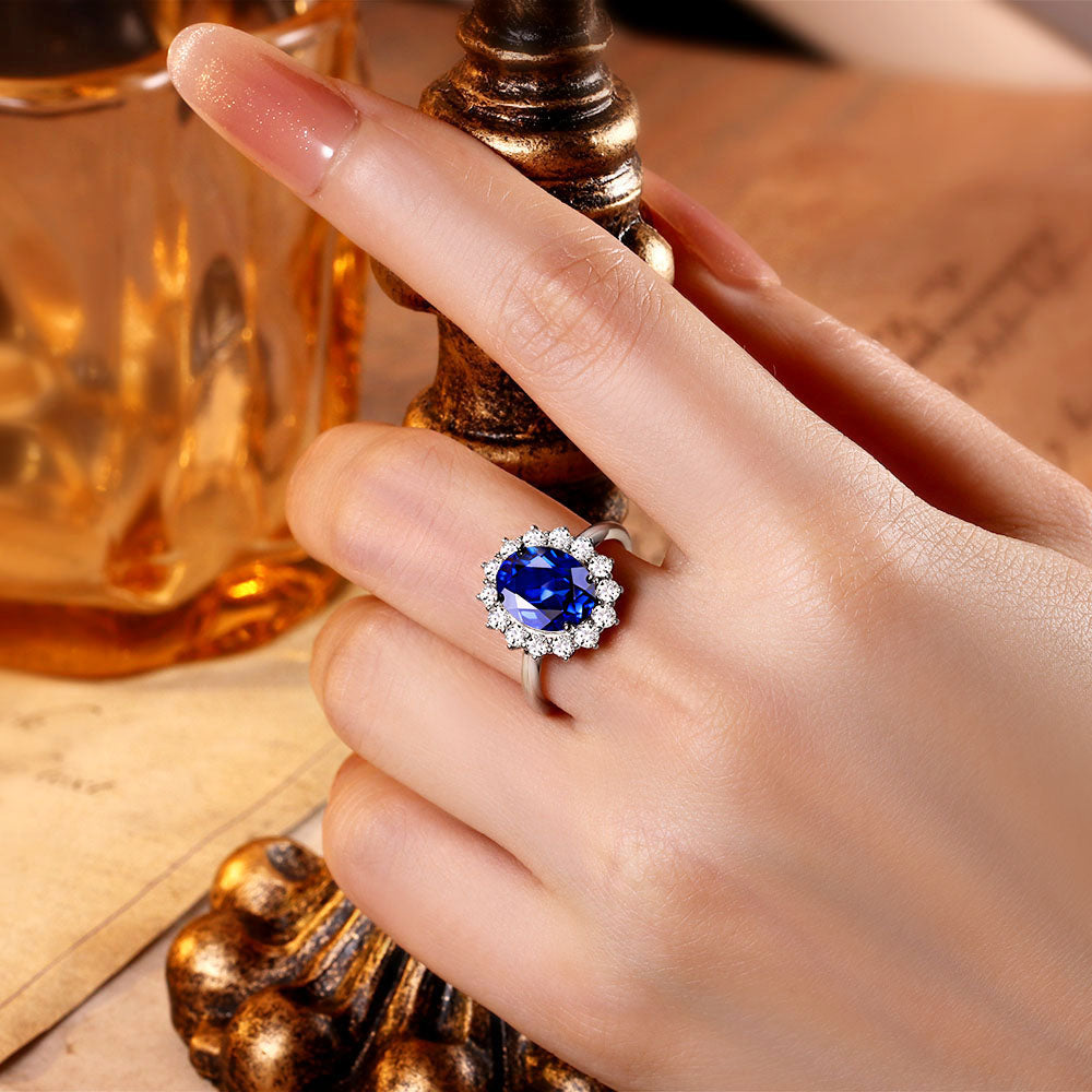 Oval Lab Sapphire Flower Inspired Design Cluster Engagement Ring with Moissanite