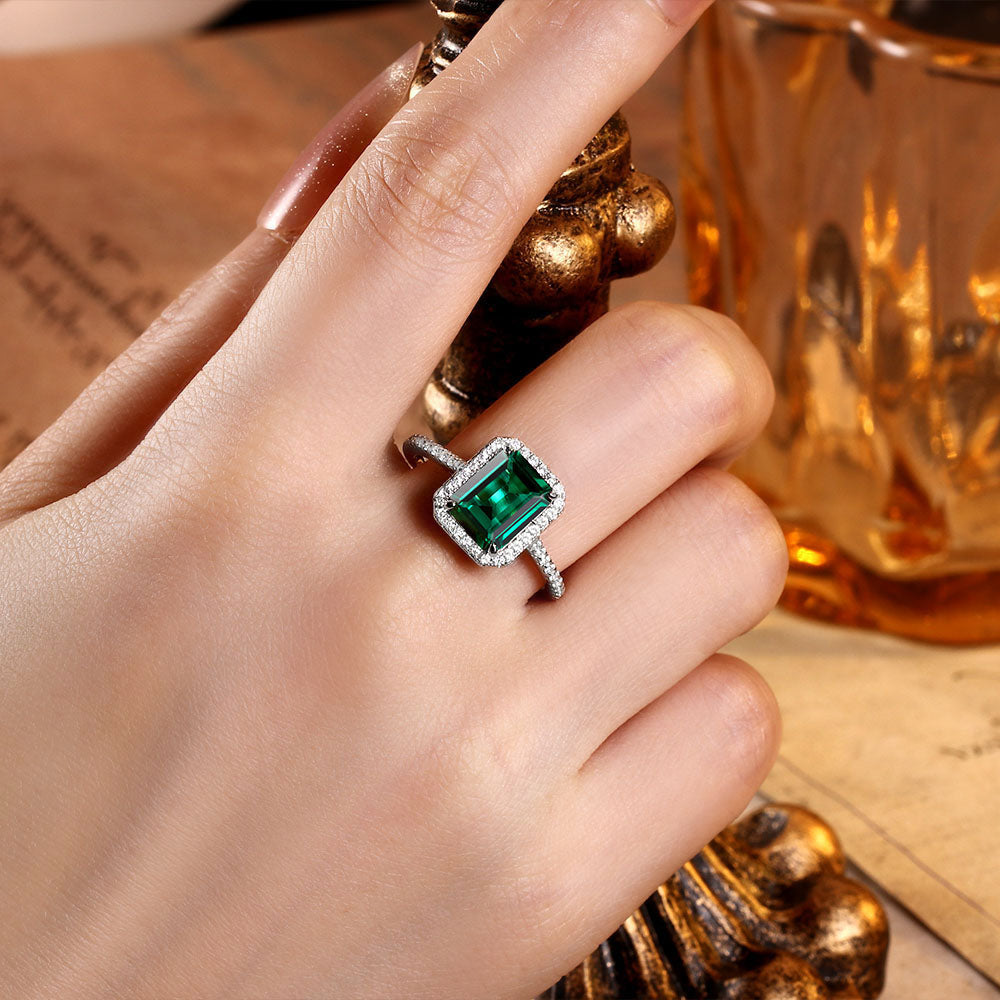 2.22 ct Emerald Cut Lab Emerald Halo Engagement Ring with Moissanite