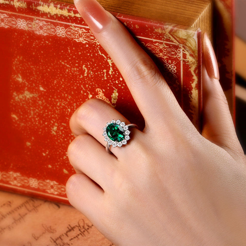 Oval Lab Emerald Cluster Engagement Ring
