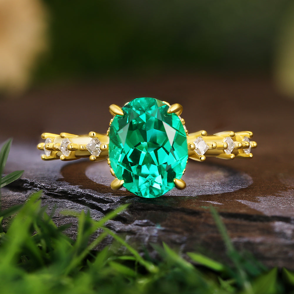 Bague de fiançailles avec halo d'émeraude ovale de laboratoire de 1 ct