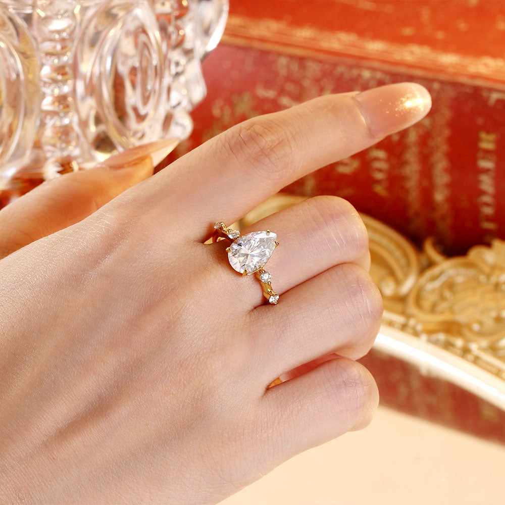 Pear Cut Unique Distance Pave Set Moissanite Engagement Ring