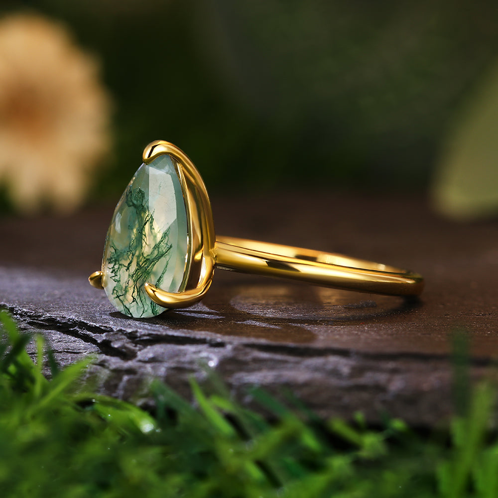 8x12mm Pear Cut Moss Agate Solitaire Minimalist Nature-Inspired Engagement Ring