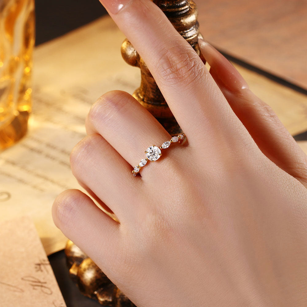 Round Moissanite Engagement Ring With Marquise Moissanite