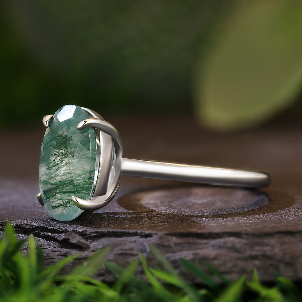 8x12mm Oval Cut Moss Agate Minimalist Nature-Inspired Solitaire Engagement Ring