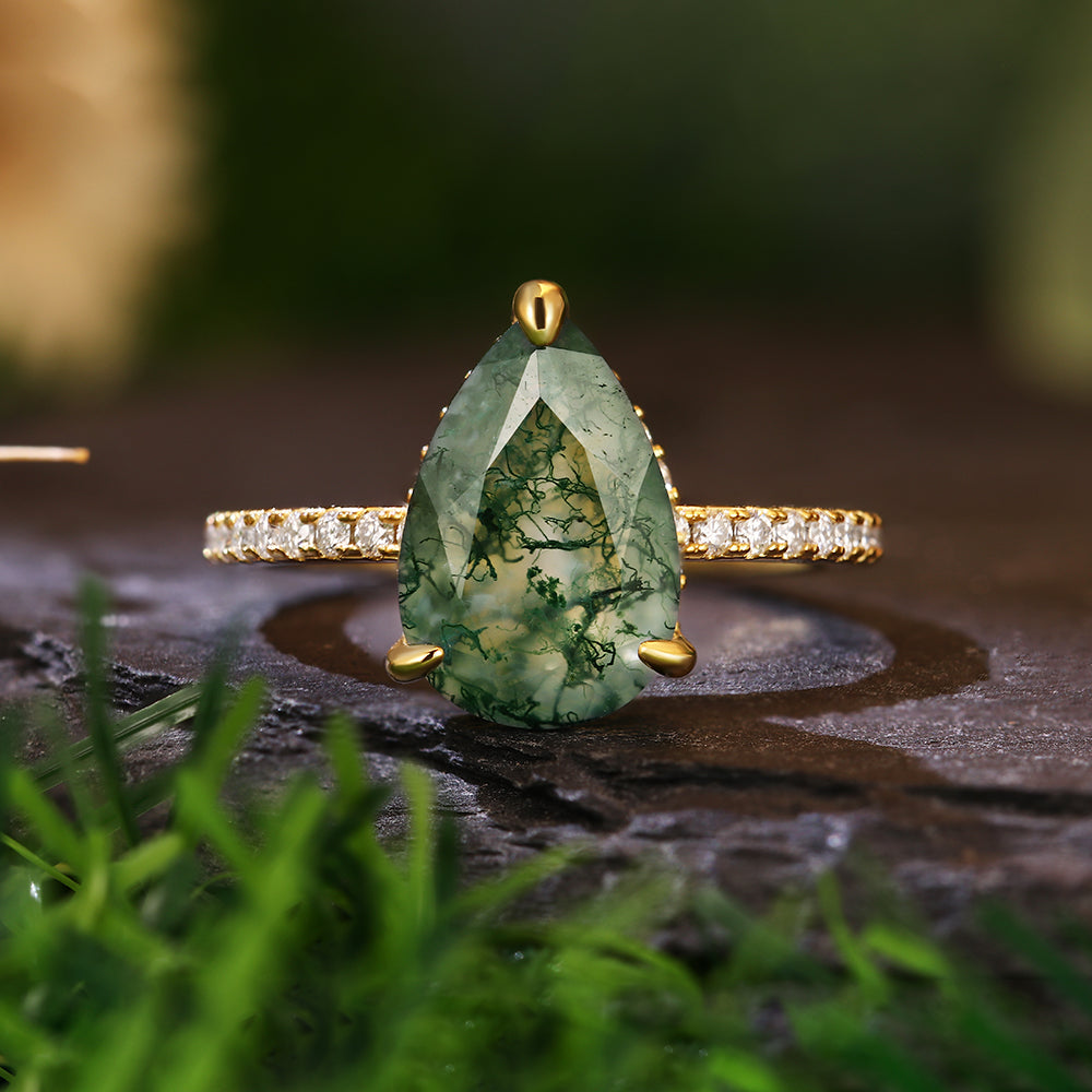 8x12mm Pear Cut Moss Agate Hidden Halo Nature-Inspired Engagement Ring with Pave Band
