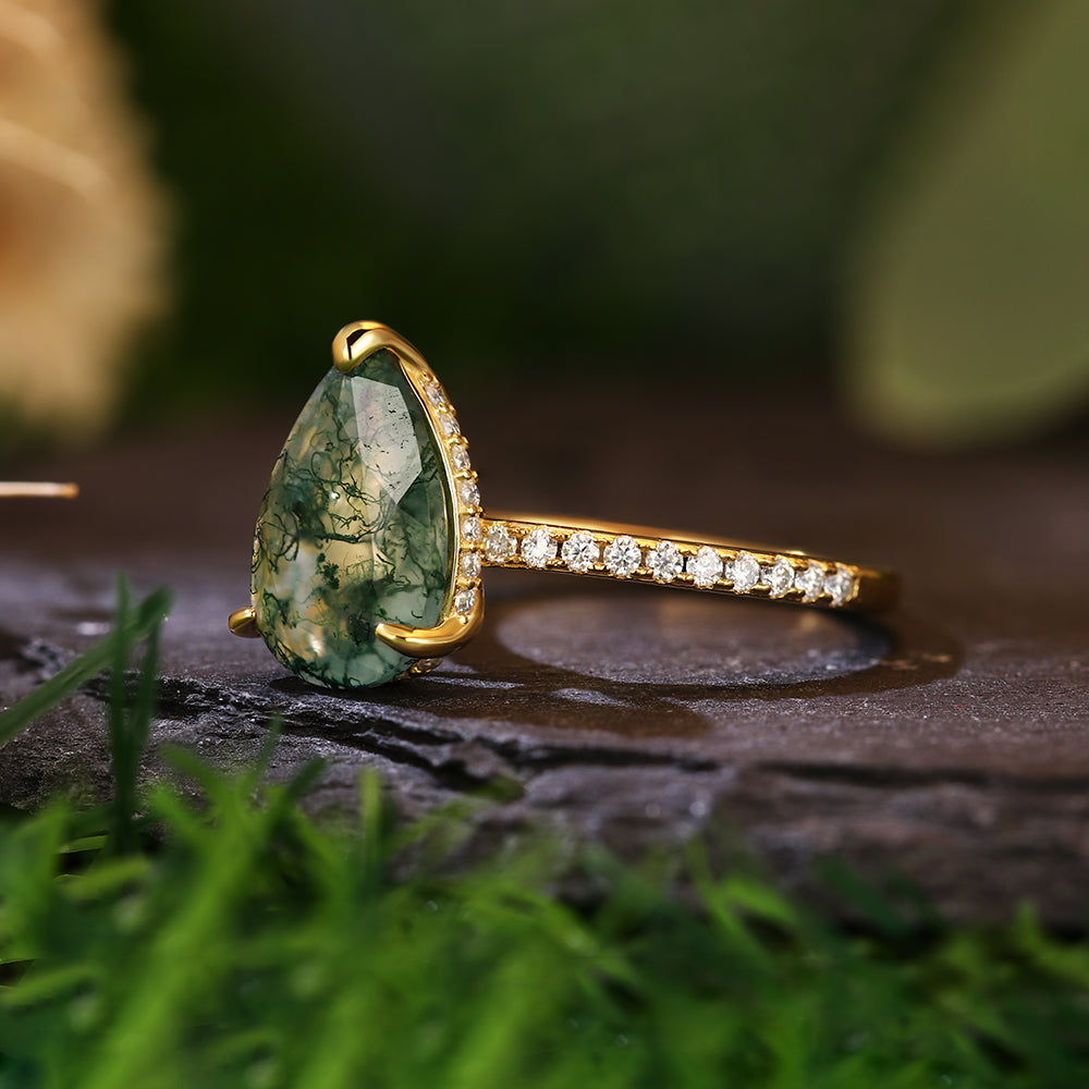 8x12mm Pear Cut Moss Agate Hidden Halo Nature-Inspired Engagement Ring with Pave Band