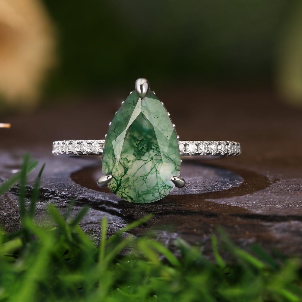8x12mm Pear Cut Moss Agate Hidden Halo Nature-Inspired Engagement Ring with Pave Band