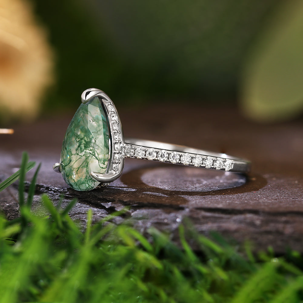 8x12mm Pear Cut Moss Agate Hidden Halo Nature-Inspired Engagement Ring with Pave Band
