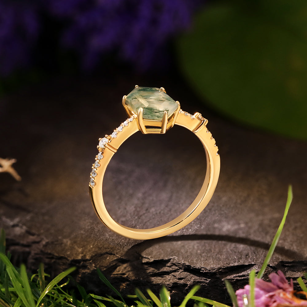 6x10mm Hexagon Cut Moss Agate Vintage Minimalist Engagement Ring