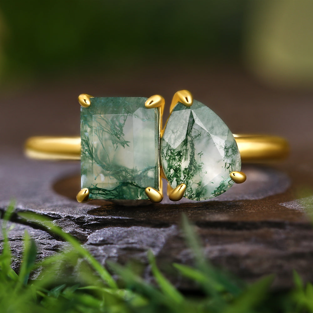 6x8mm Emerald & 6x8mm Pear Cut Toi et Moi Moss Agate Nature-Inspired Engagement Ring