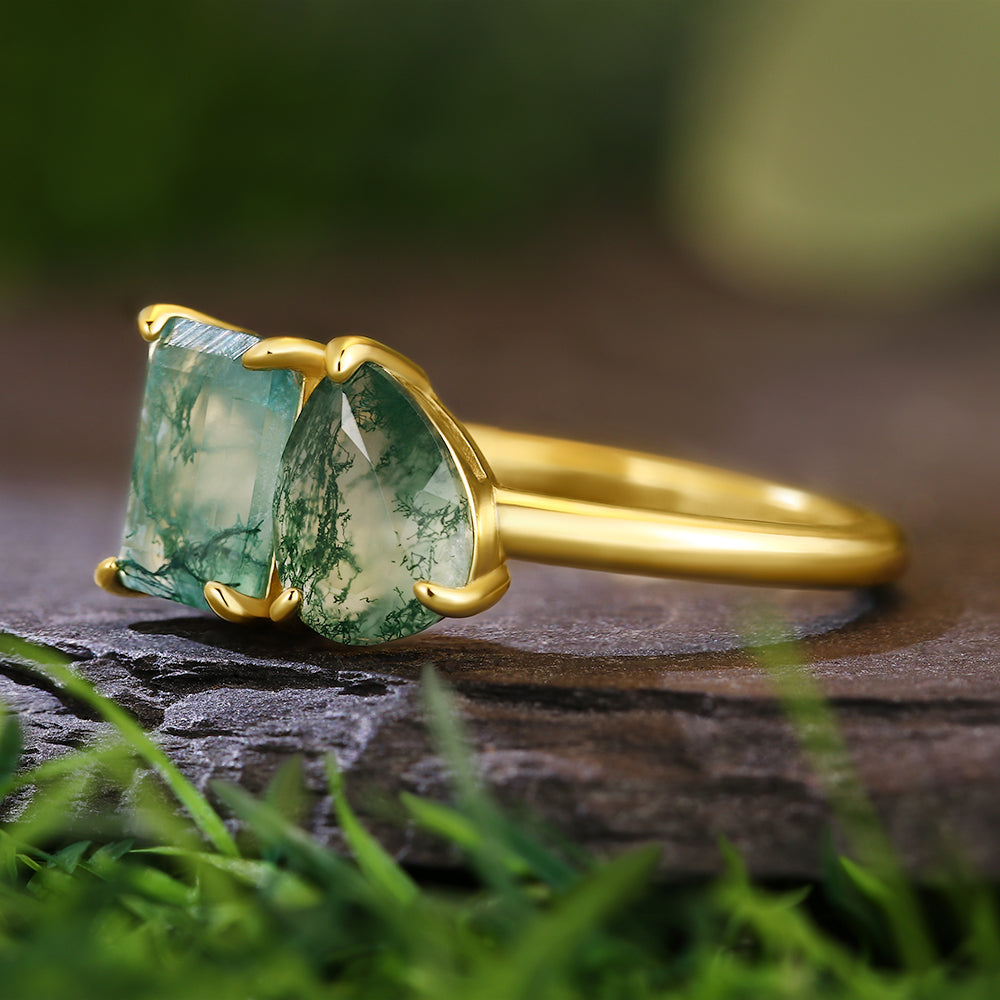 6x8mm Emerald & 6x8mm Pear Cut Toi et Moi Moss Agate Nature-Inspired Engagement Ring