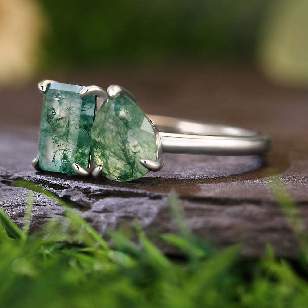 6x8mm Emerald & 6x8mm Pear Cut Toi et Moi Moss Agate Nature-Inspired Engagement Ring