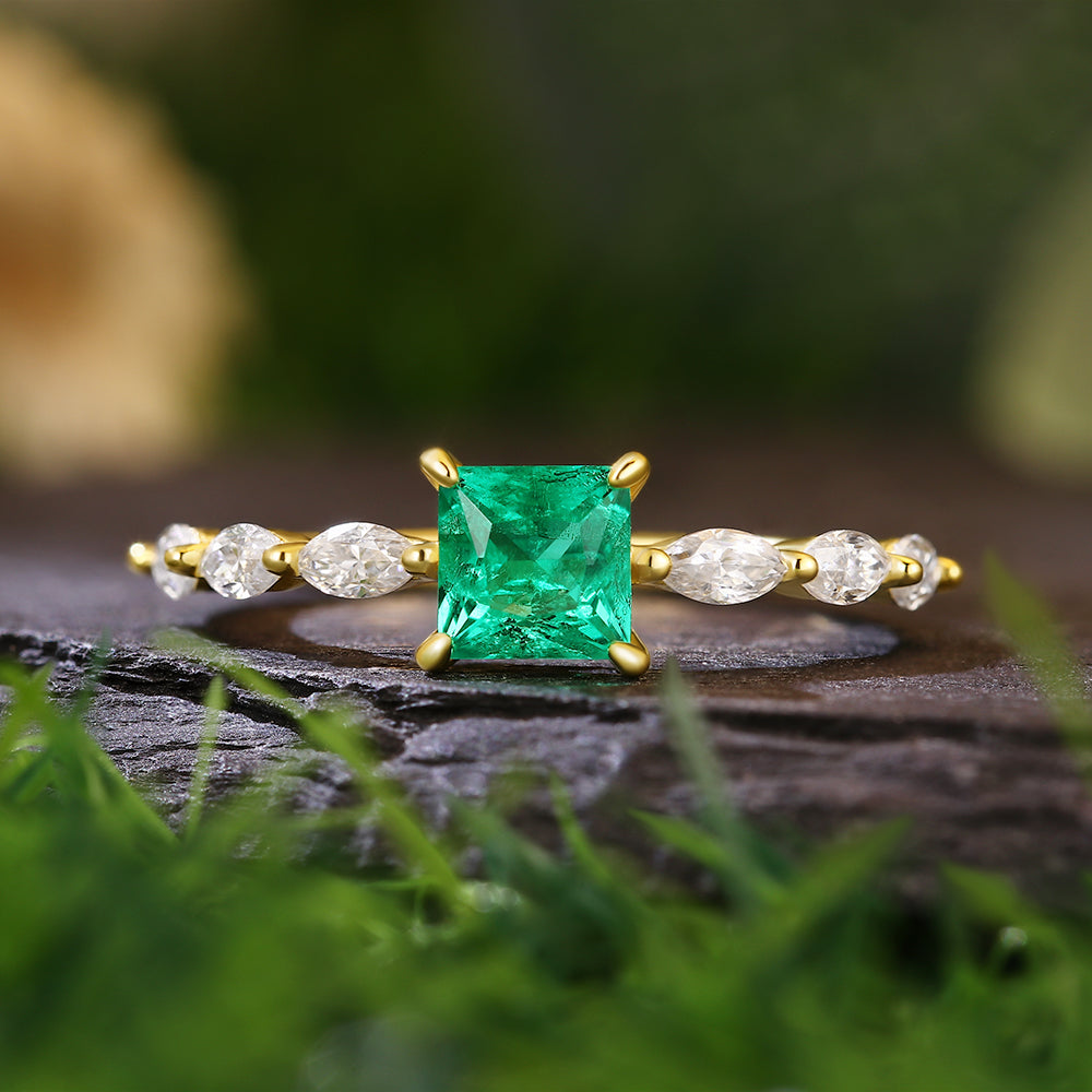 1.52ct Princess Cut Lab Emerald with Marquise Cut Moissanite Accents Nature-Inspired Engagement Ring