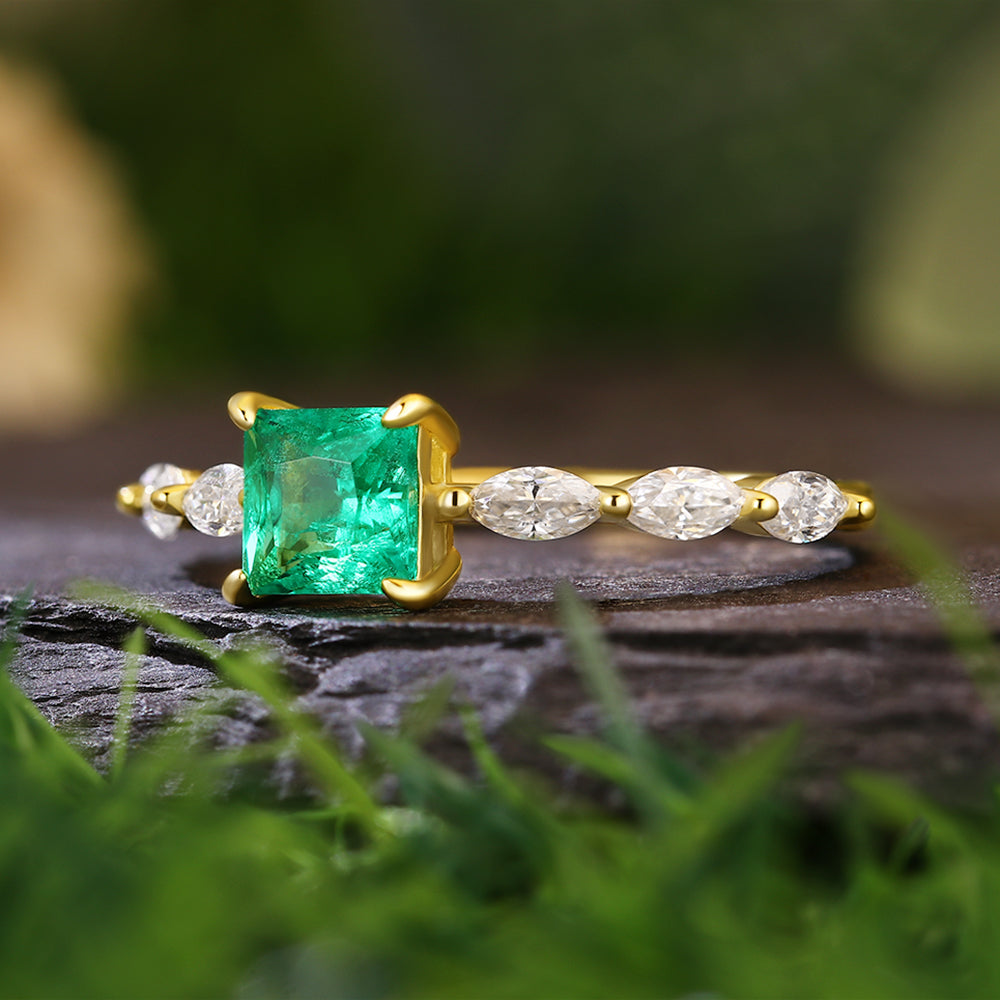 1.52ct Princess Cut Lab Emerald with Marquise Cut Moissanite Accents Nature-Inspired Engagement Ring