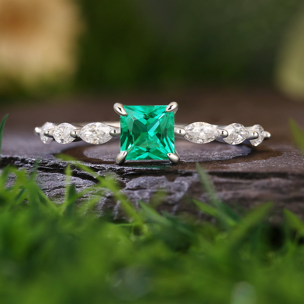 1.52ct Princess Cut Lab Emerald with Marquise Cut Moissanite Accents Nature-Inspired Engagement Ring