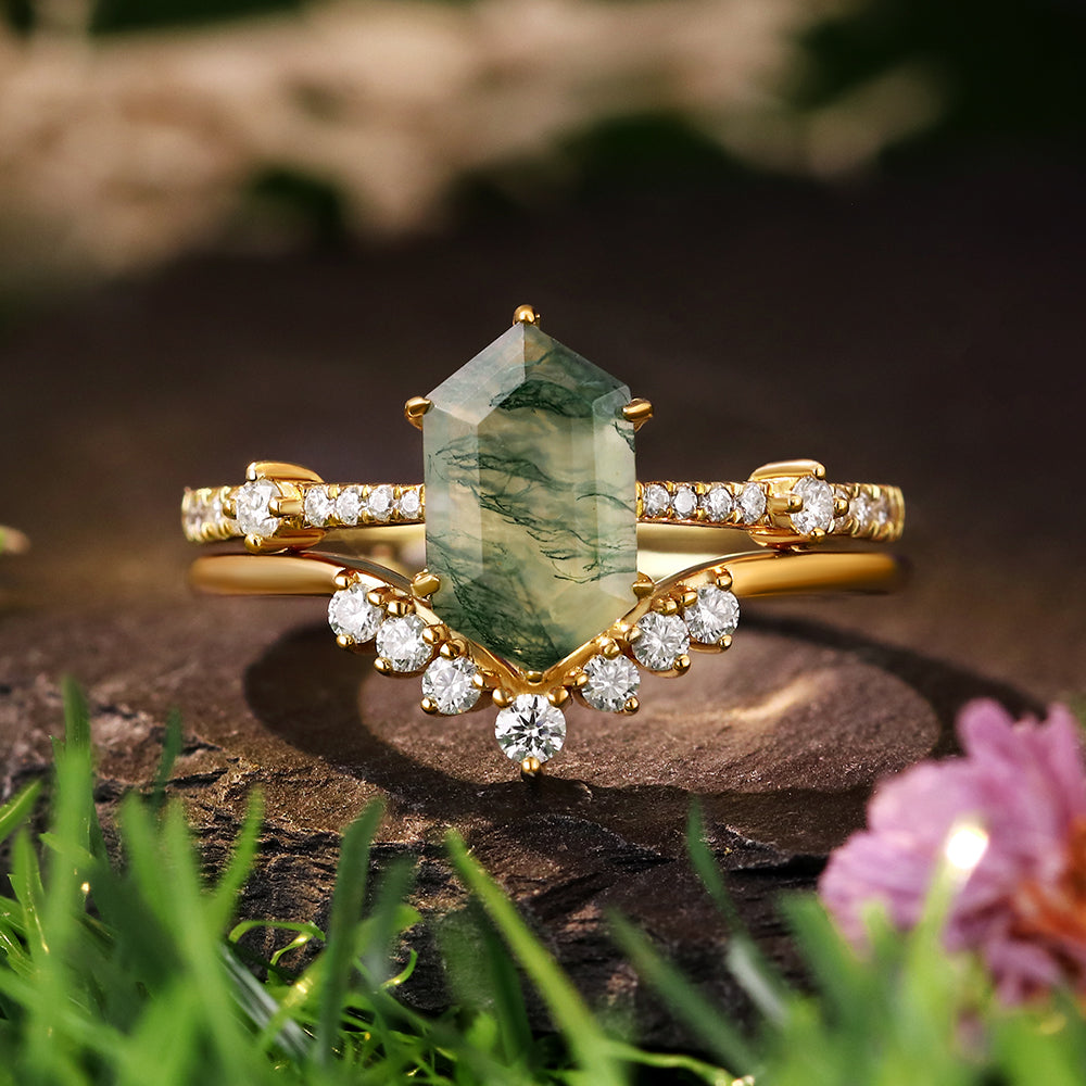 6x10mm Hexagon Cut Moss Agate Vintage Halo Round Moissanite Bridal Ring