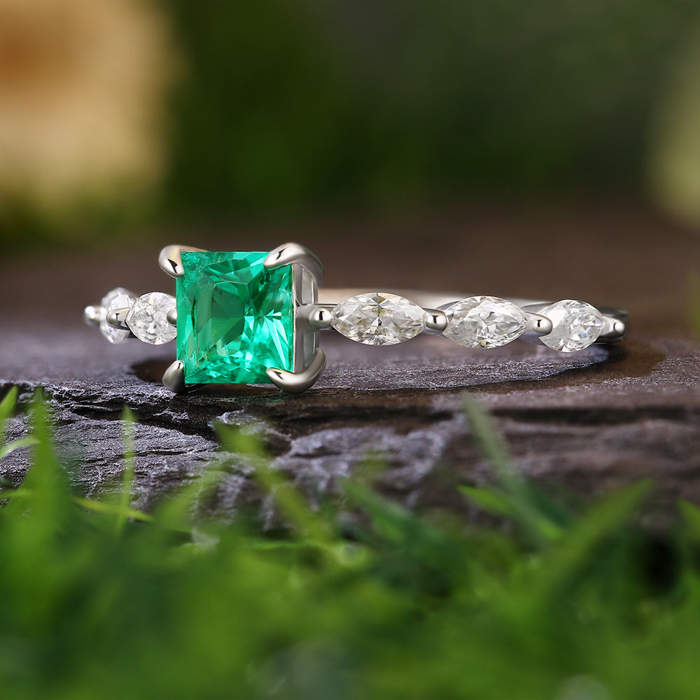 1.52ct Princess Cut Lab Emerald with Marquise Cut Moissanite Accents Nature-Inspired Engagement Ring