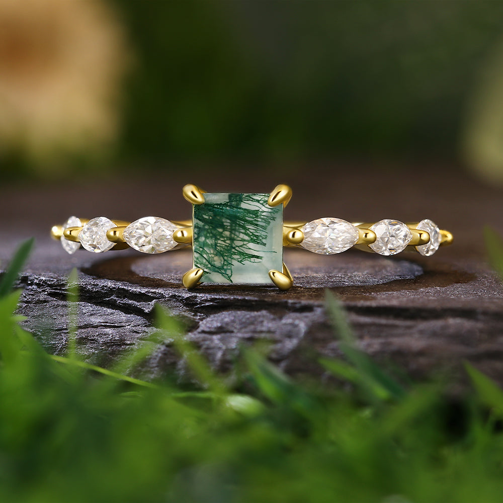5x5mm Princess Cut Moss Agate with Marquise Accent Stones Nature-Inspired Engagement Ring
