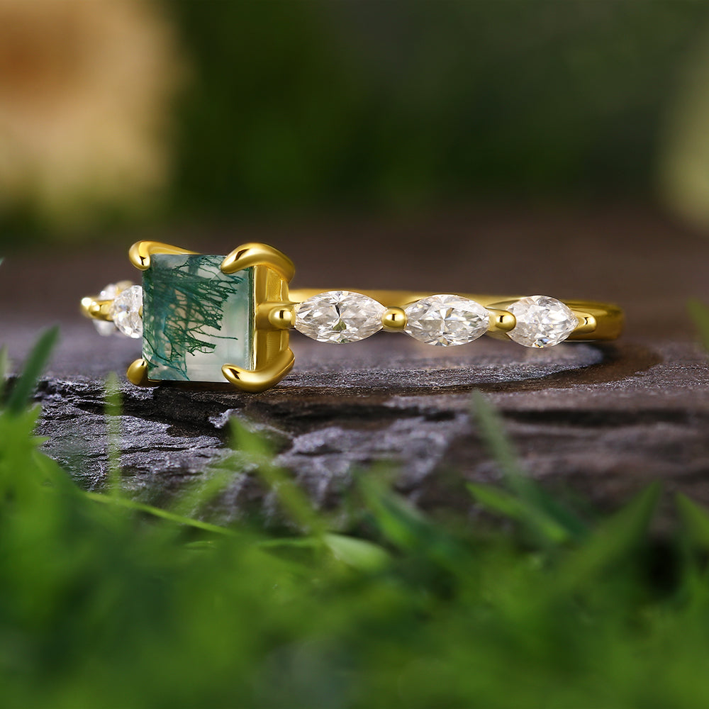 5x5mm Princess Cut Moss Agate with Marquise Accent Stones Nature-Inspired Engagement Ring
