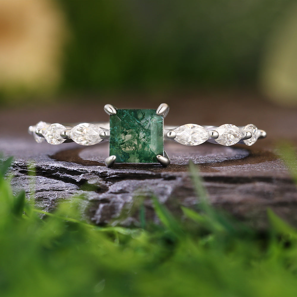 5x5mm Princess Cut Moss Agate with Marquise Accent Stones Nature-Inspired Engagement Ring