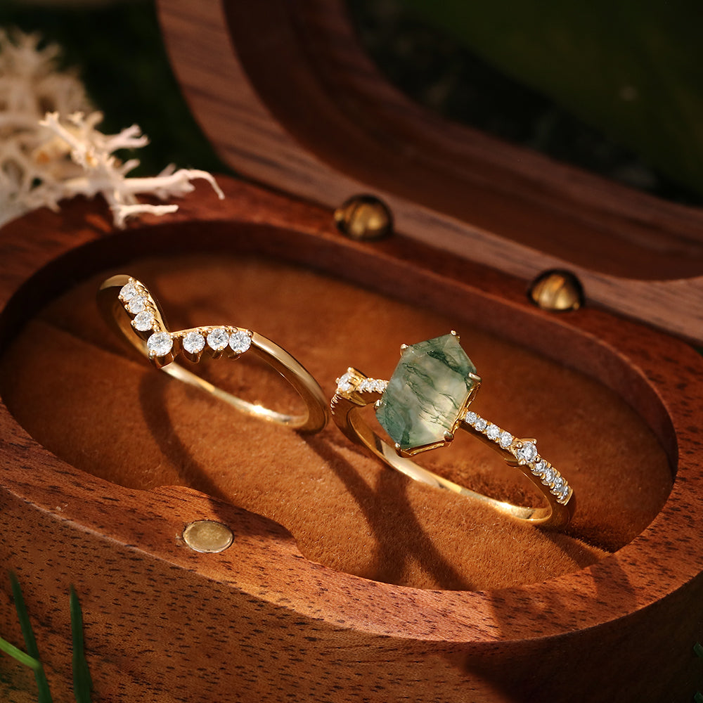 6x10mm Hexagon Cut Moss Agate Vintage Halo Round Moissanite Bridal Ring