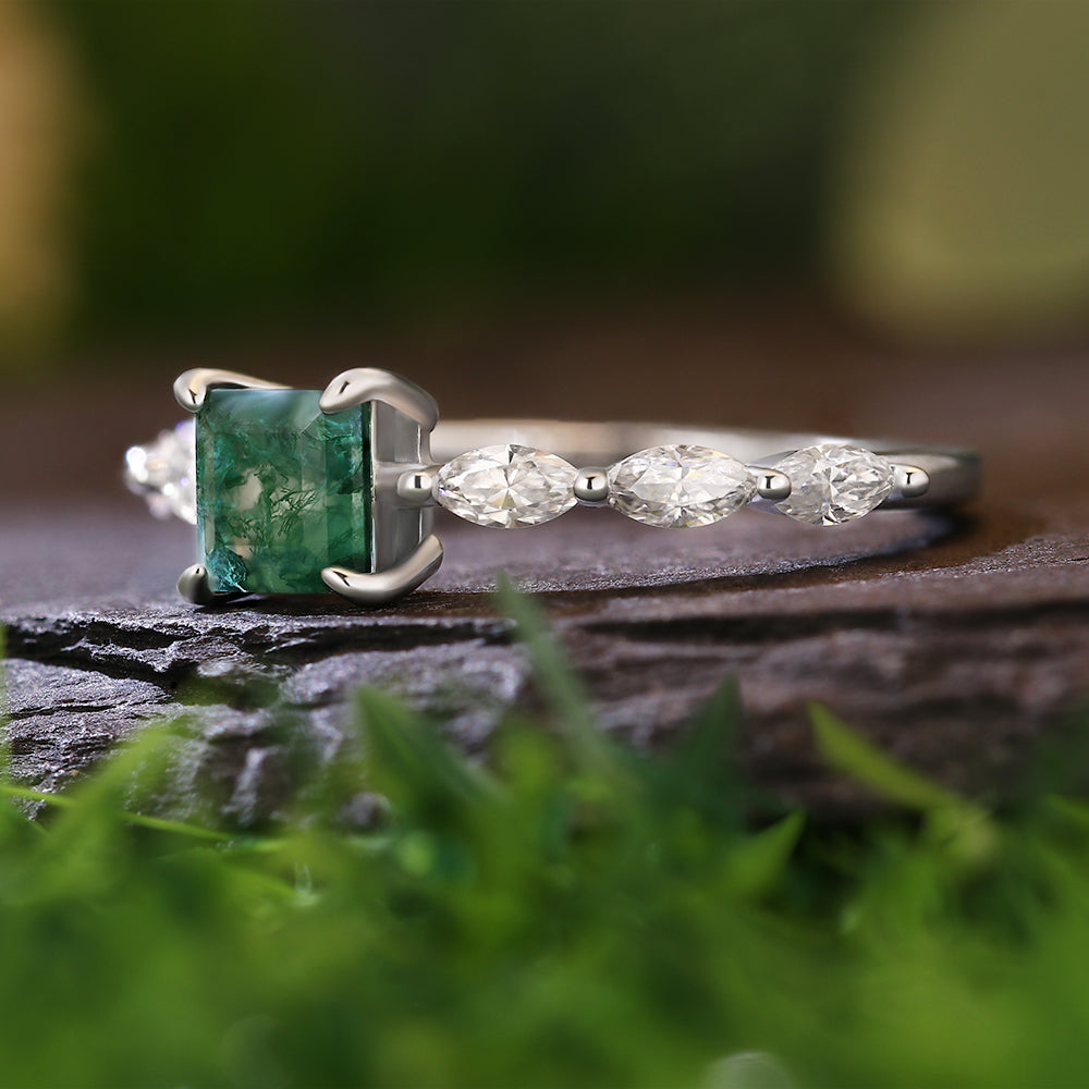 5x5mm Princess Cut Moss Agate with Marquise Accent Stones Nature-Inspired Engagement Ring