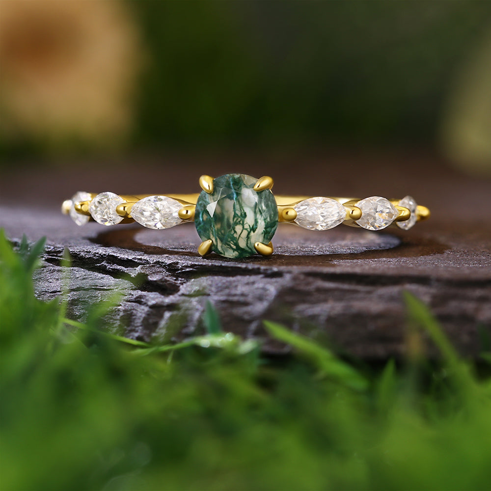 5mm Round Cut Moss Agate with Marquise Cut Moissanite Nature-Inspired Engagement Ring