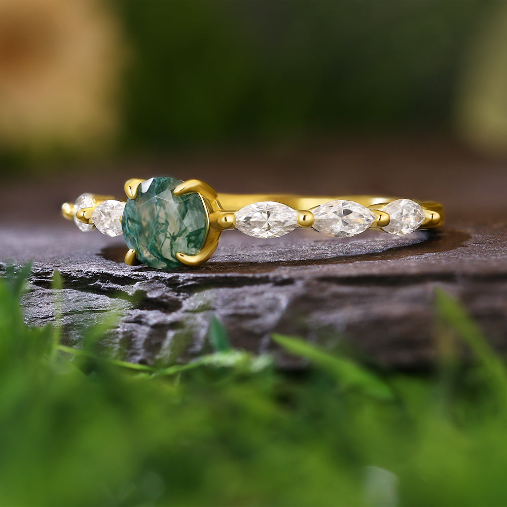 5mm Round Cut Moss Agate with Marquise Cut Moissanite Nature-Inspired Engagement Ring