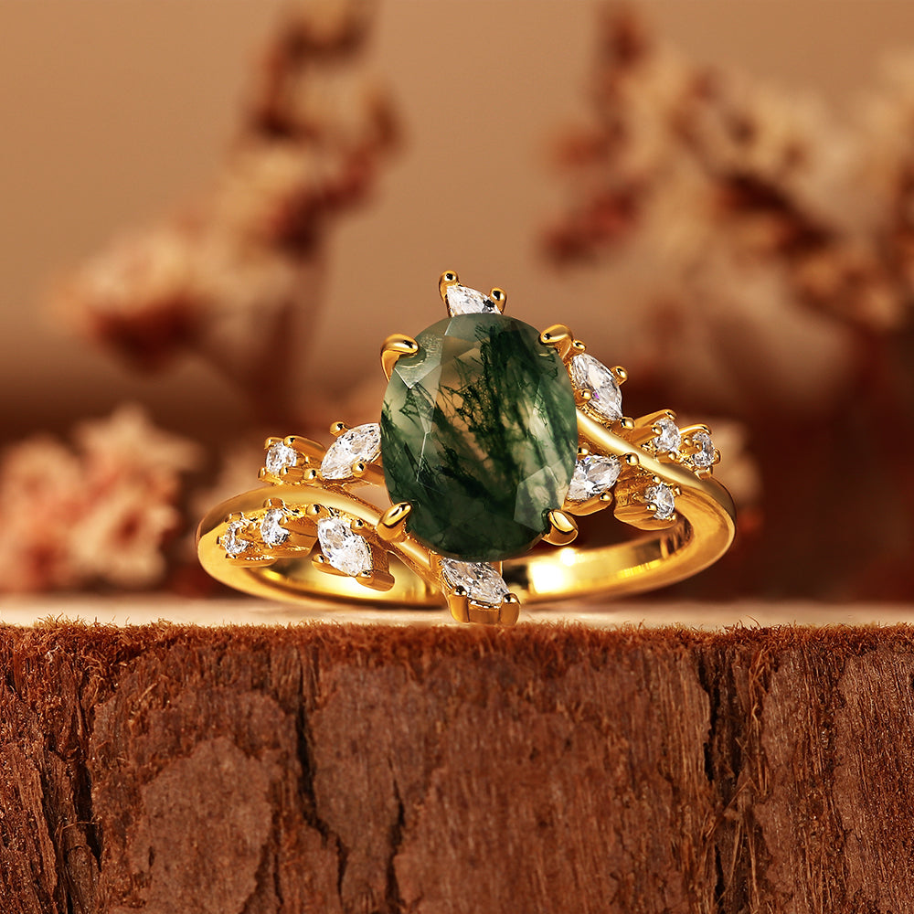 Vintage Oval Moss Agate Engagement Ring Nature Inspired Vine Cluster Ring