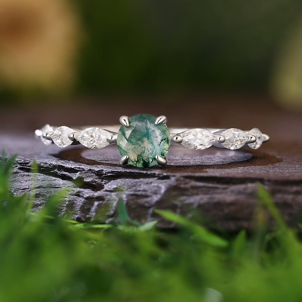 5mm Round Cut Moss Agate with Marquise Cut Moissanite Nature-Inspired Engagement Ring