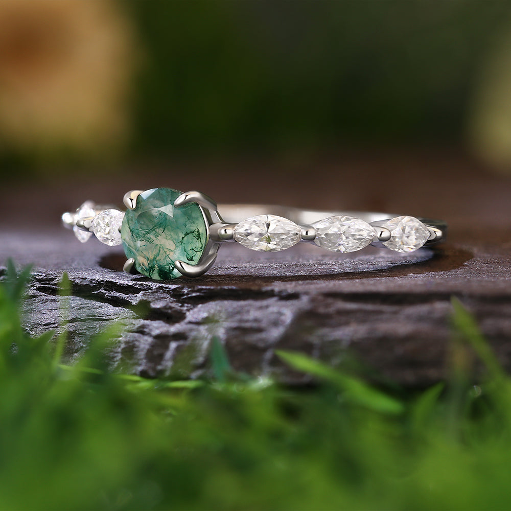 5mm Round Cut Moss Agate with Marquise Cut Moissanite Nature-Inspired Engagement Ring