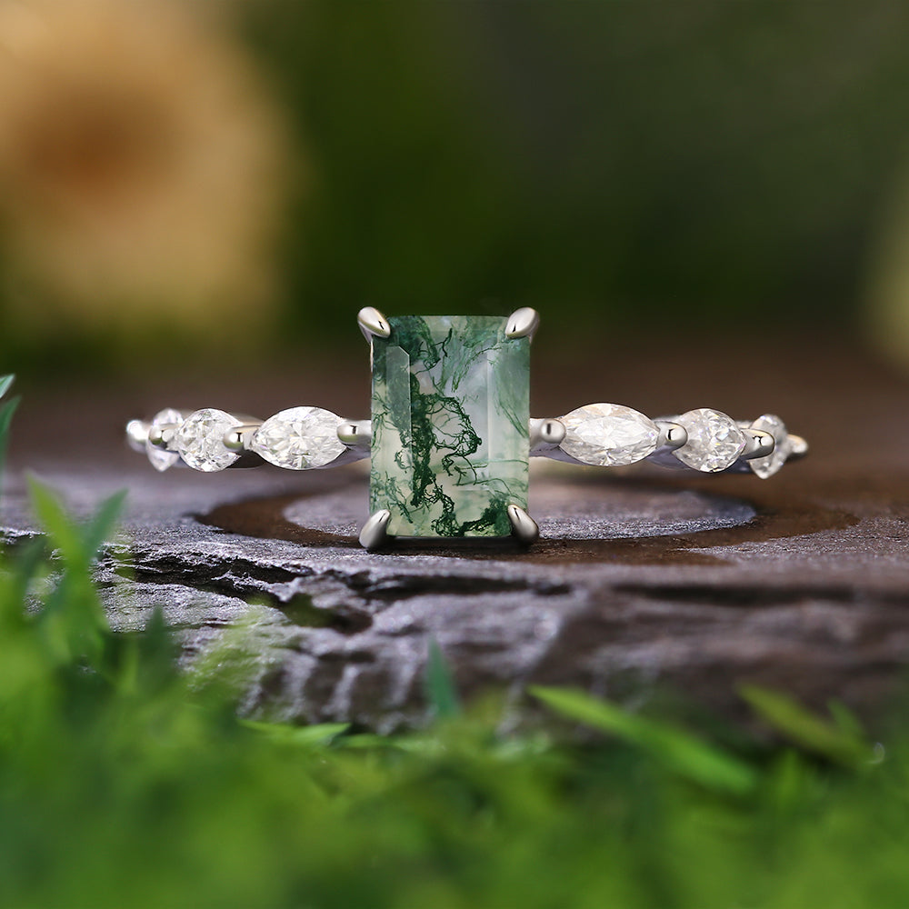 5x7mm Emerald Cut Moss Agate with Marquise Accent Nature-Inspired  Engagement Ring