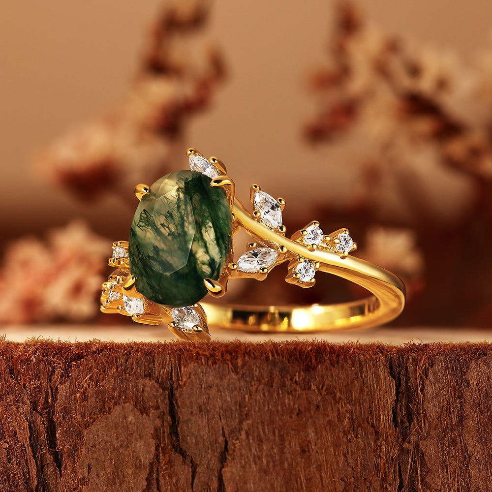 Vintage Oval Moss Agate Engagement Ring Nature Inspired Vine Cluster Ring