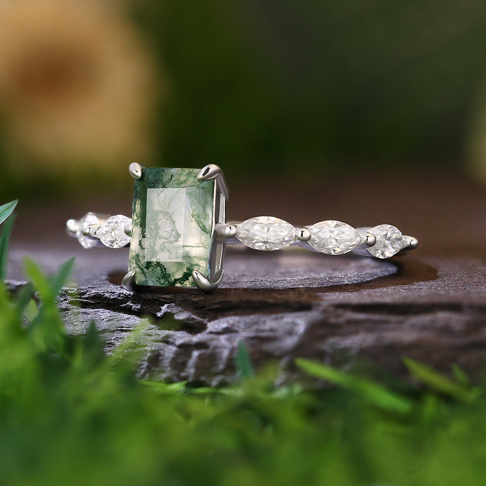 5x7mm Emerald Cut Moss Agate with Marquise Accent Nature-Inspired  Engagement Ring