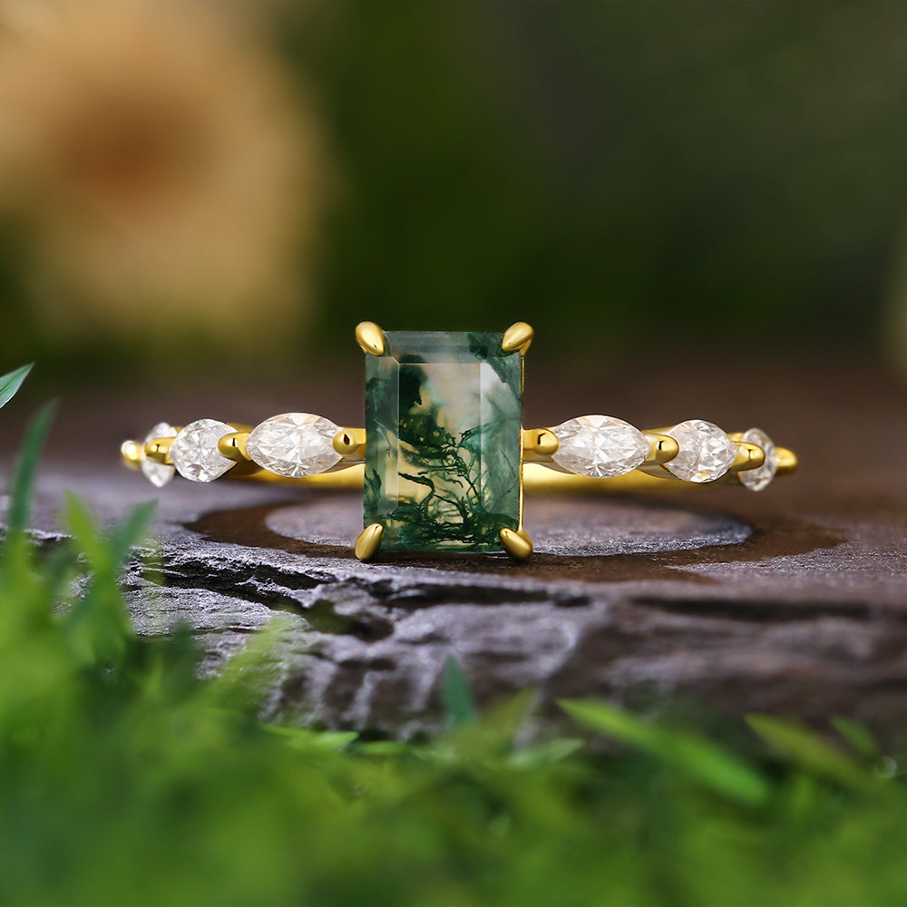 5x7mm Emerald Cut Moss Agate with Marquise Accent Nature-Inspired  Engagement Ring