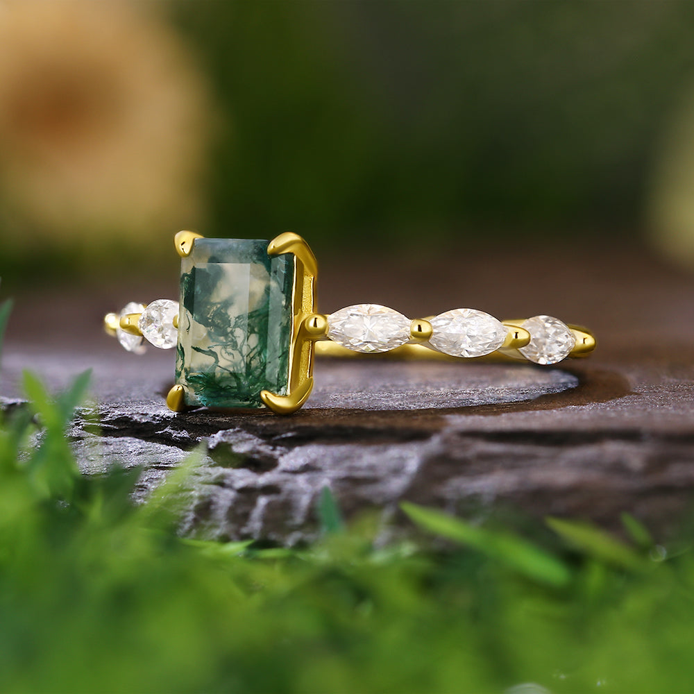 5x7mm Emerald Cut Moss Agate with Marquise Accent Nature-Inspired  Engagement Ring