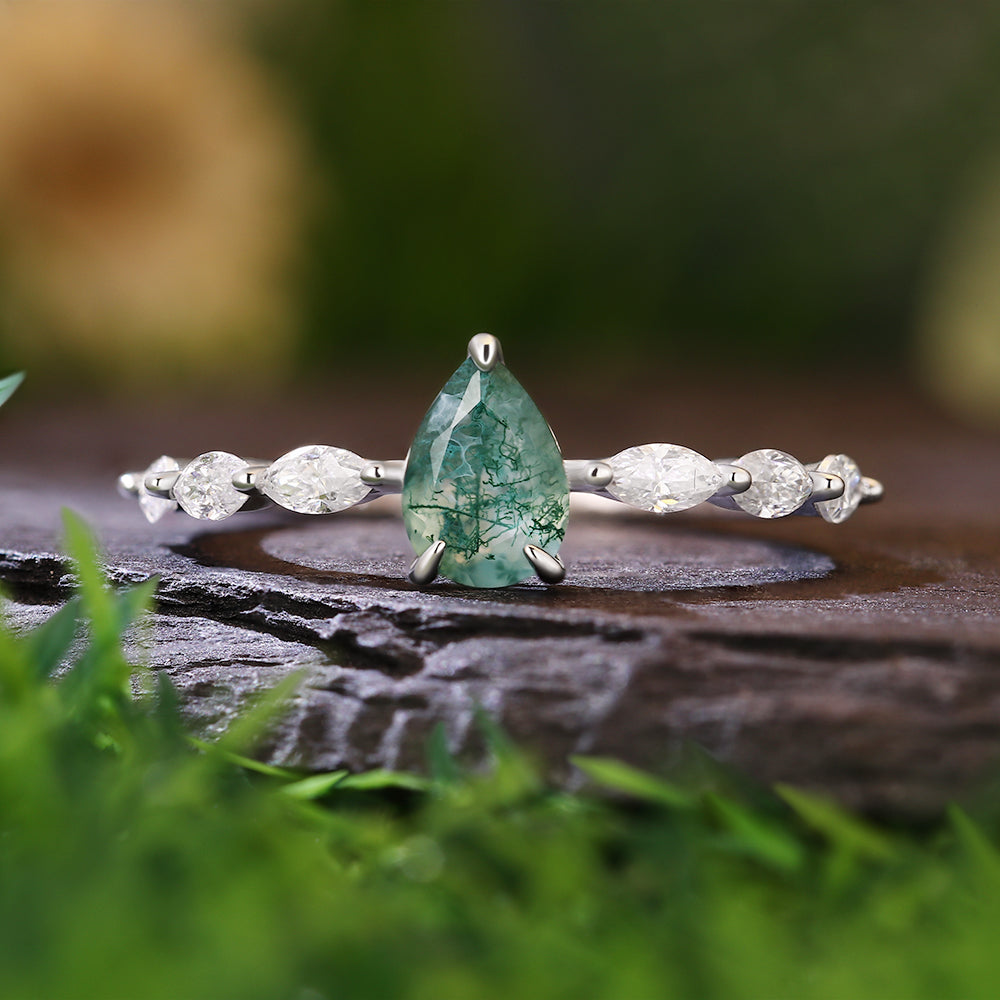 5x7mm Pear Cut Moss Agate with Marquise Accent Stones Nature-Inspired Engagement Ring