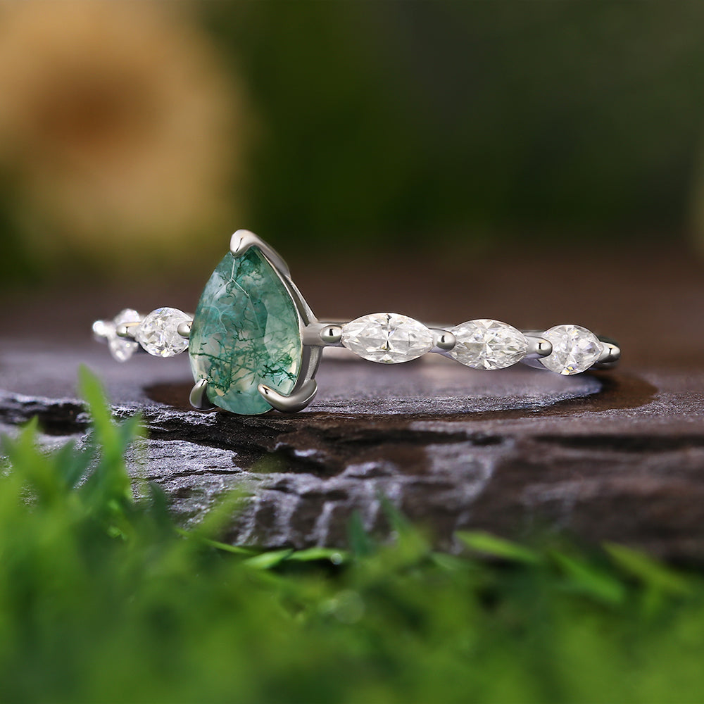 5x7mm Pear Cut Moss Agate with Marquise Accent Stones Nature-Inspired Engagement Ring